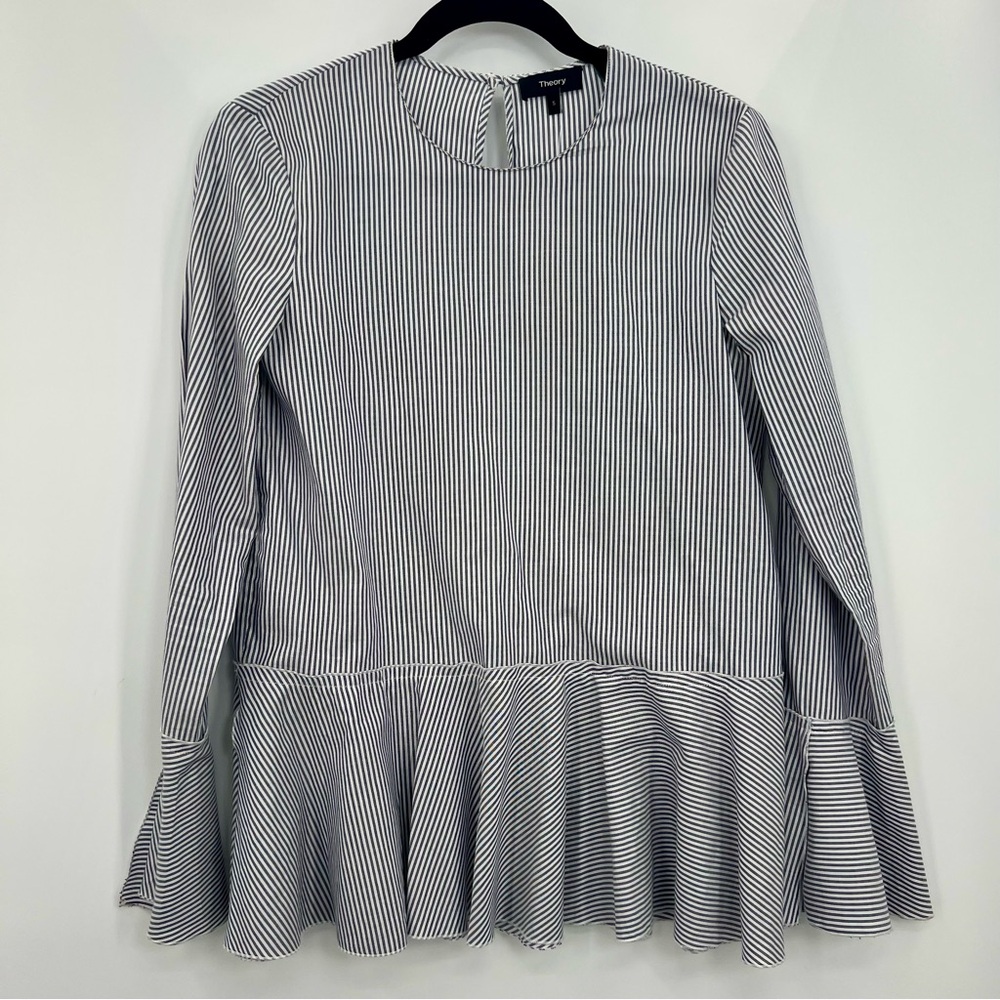 Theory Lexanda Cotton Striped Peplum Top Long Sleeve Ruffle Shirt Blouse Small - Picture 5 of 13